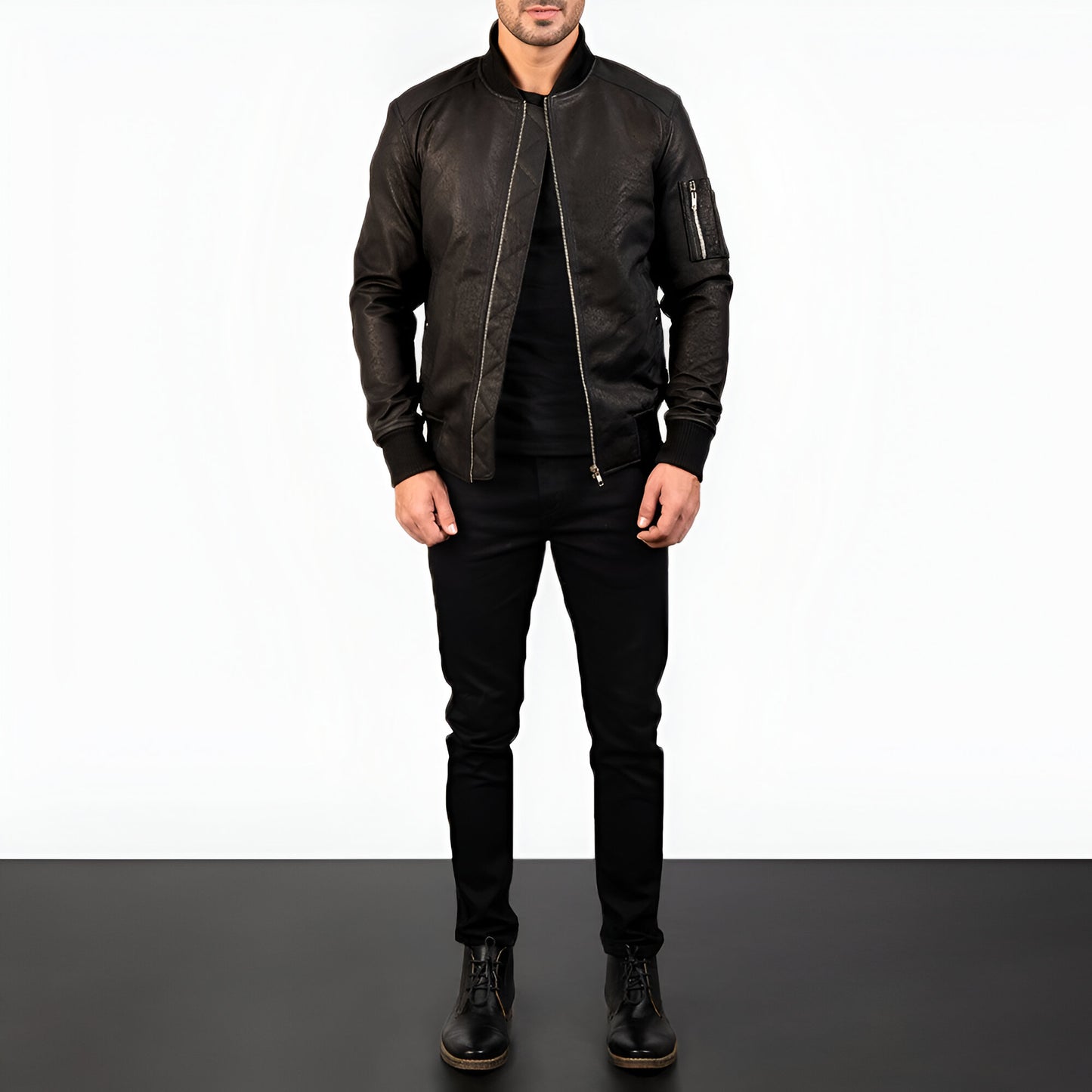 Dicks Leather Distressed Black Leather Bomber Jacket