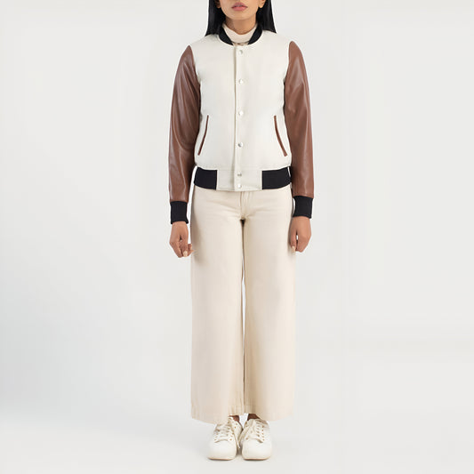 Julie Brown-White Fur Hybrid Varsity Jacket