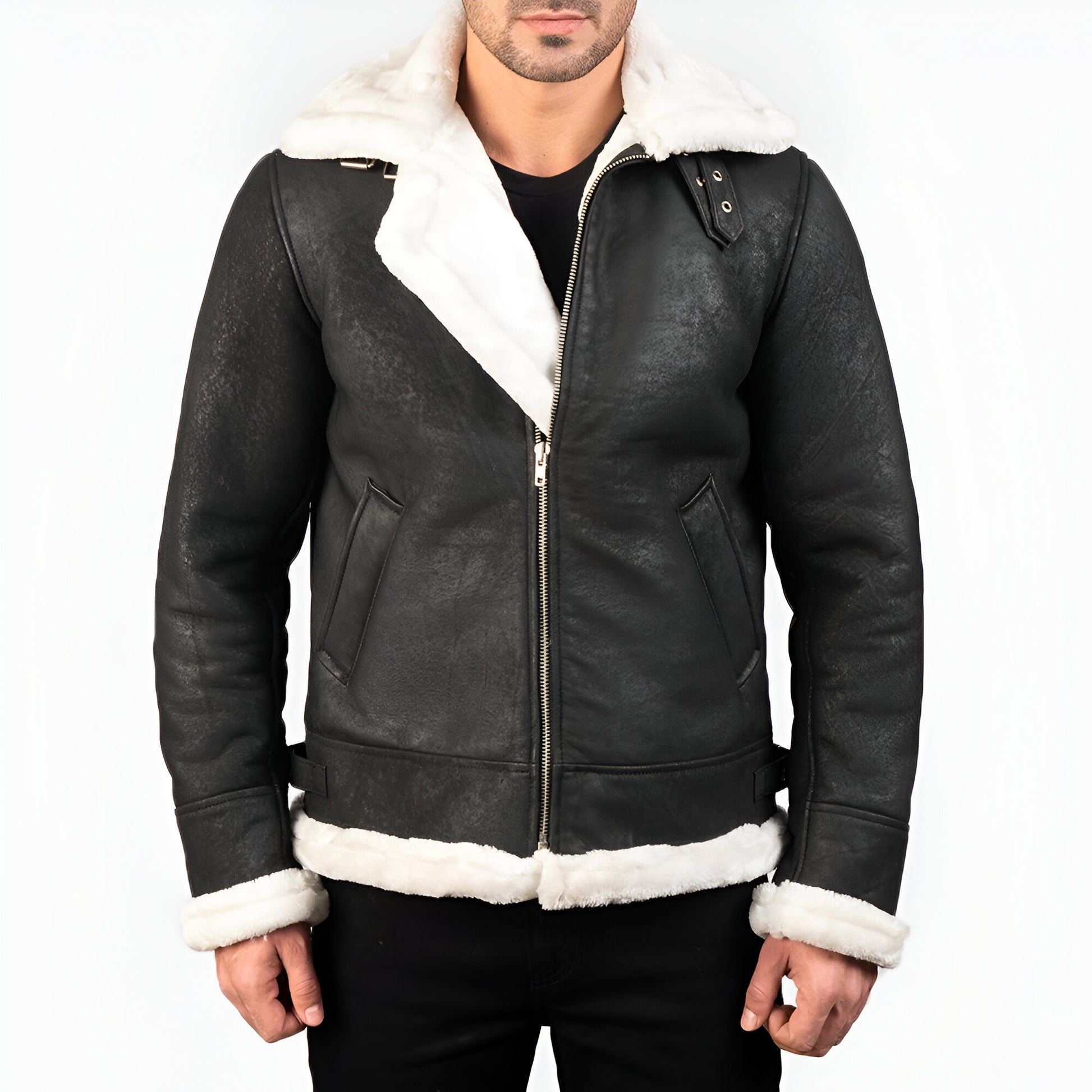 Maltons B-3 Distressed Black Leather Bomber Jacket