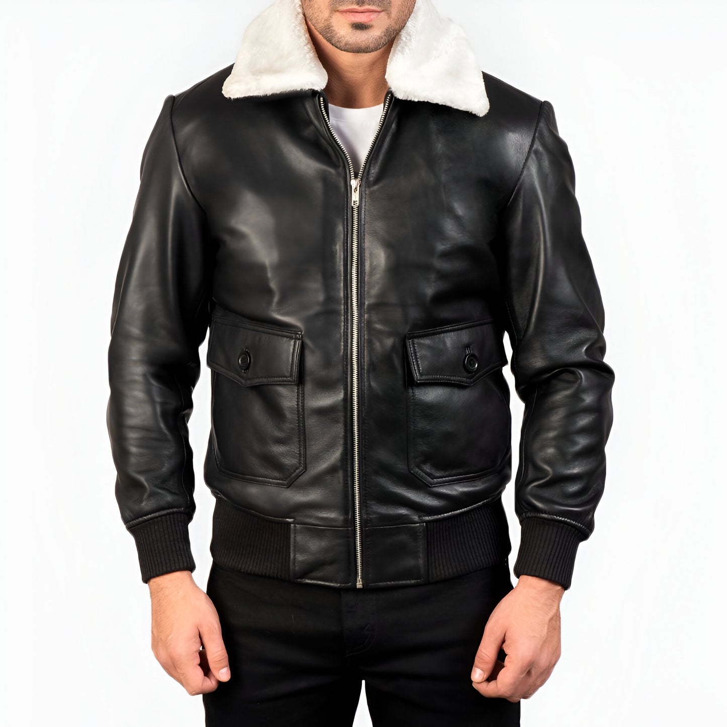 Dicks Black & White Leather Bomber Jacket