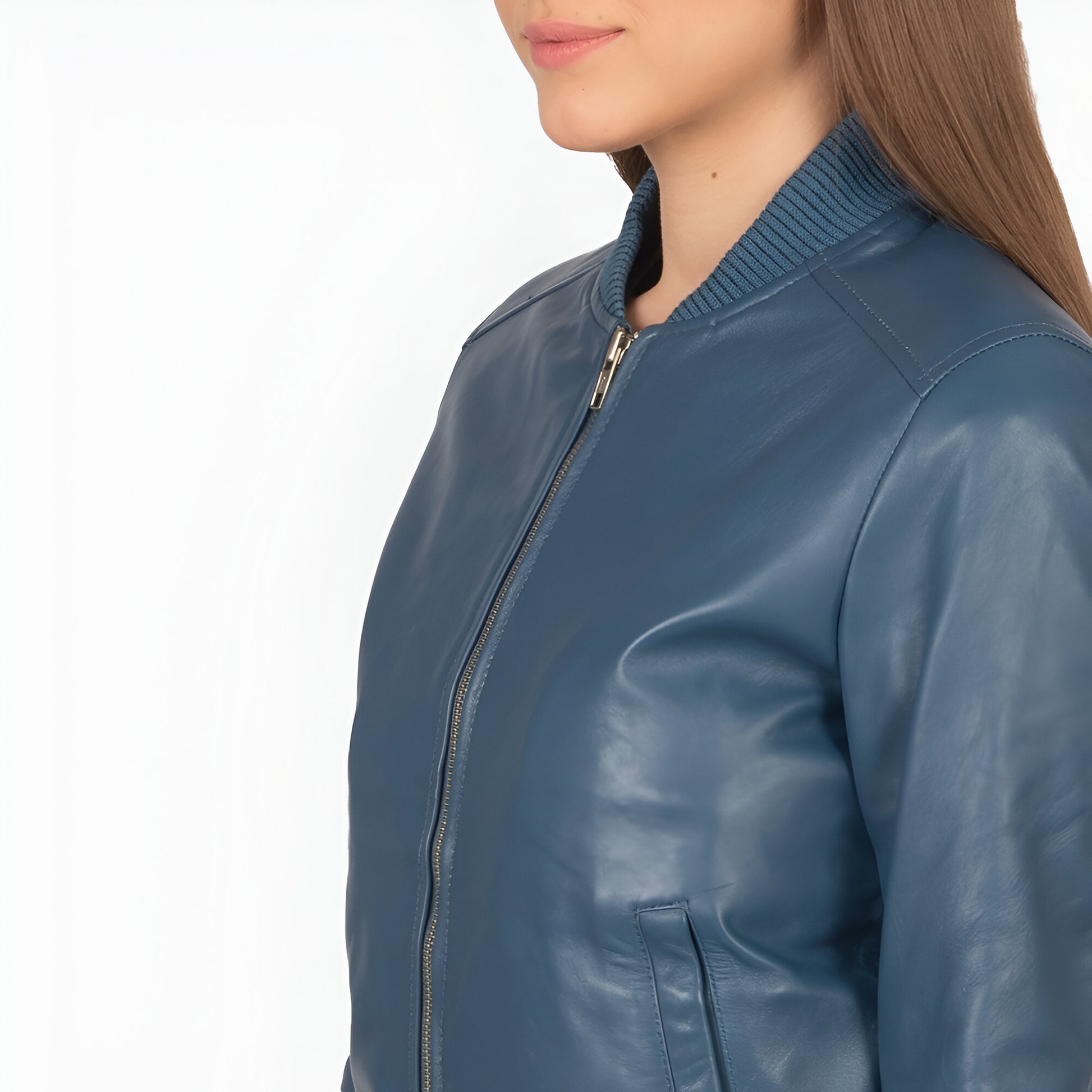 Scarlett Blue Leather Bomber Jacket women