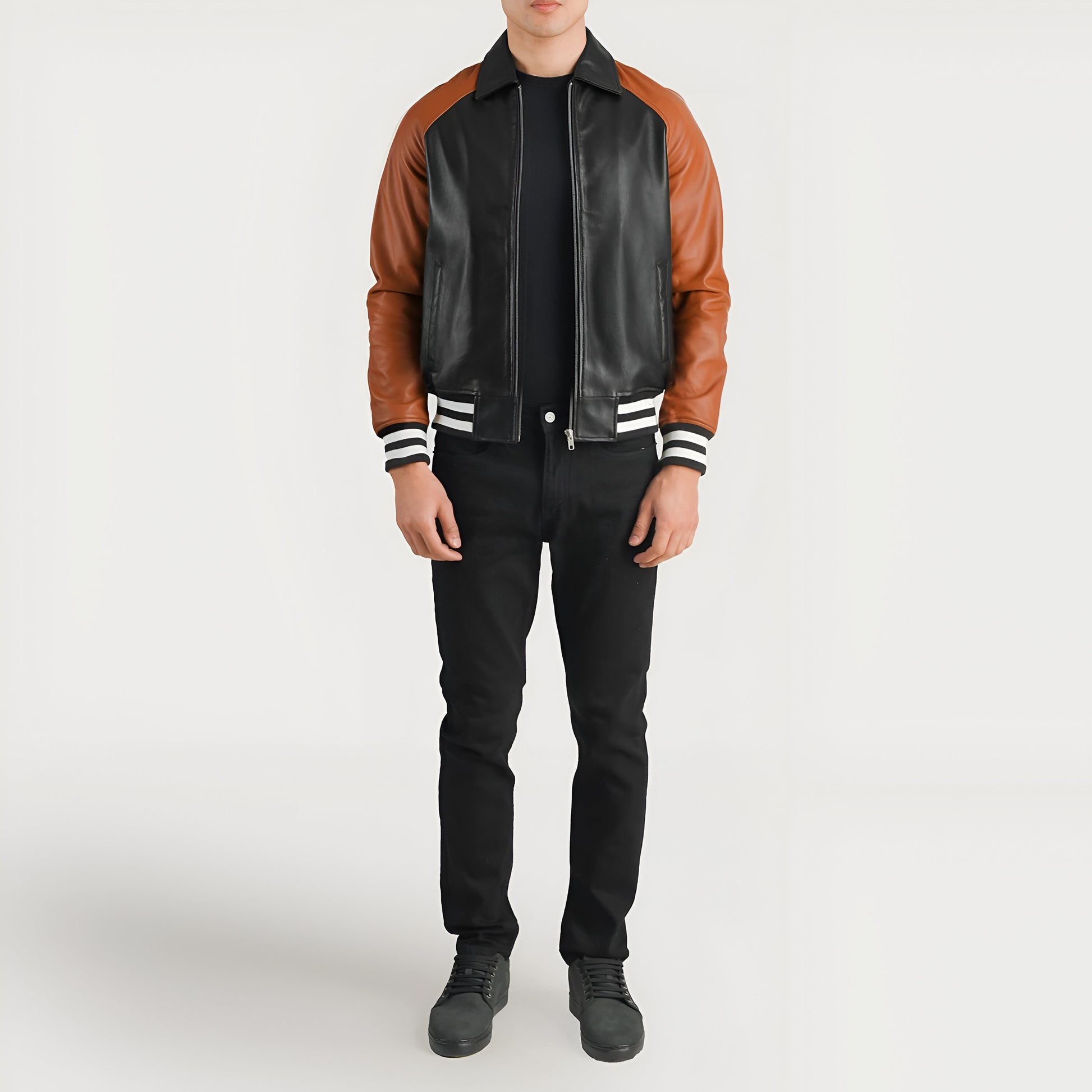 Meryl Black & Brown Leather Varsity Jacket