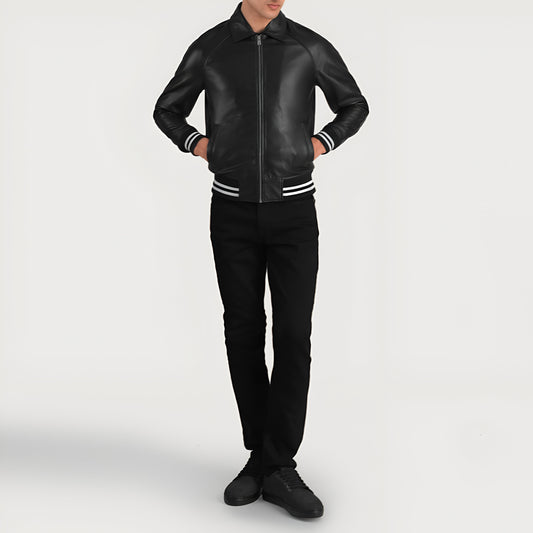 Meryl Black Leather Varsity Jacket