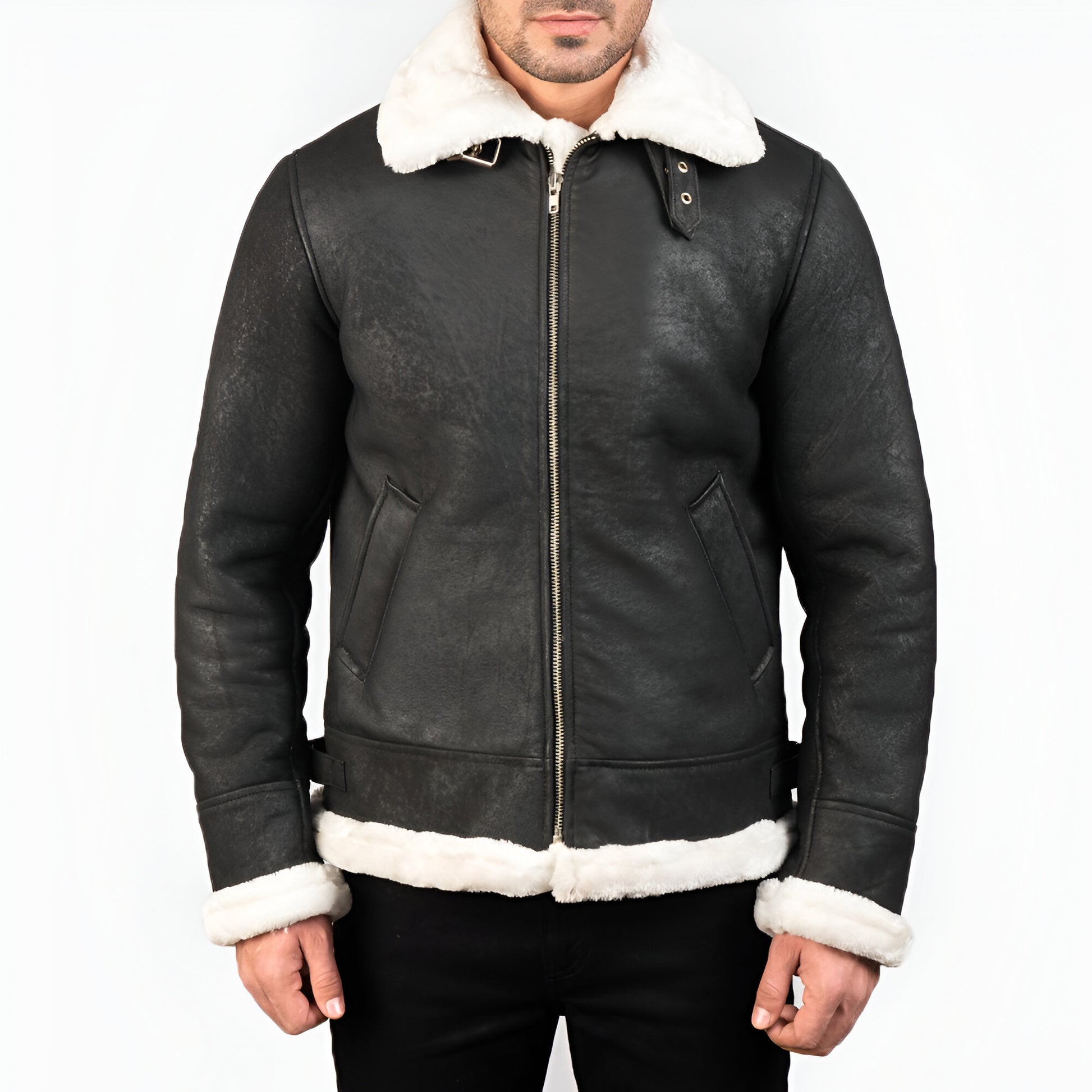 Maltons B-3 Distressed Black Leather Bomber Jacket