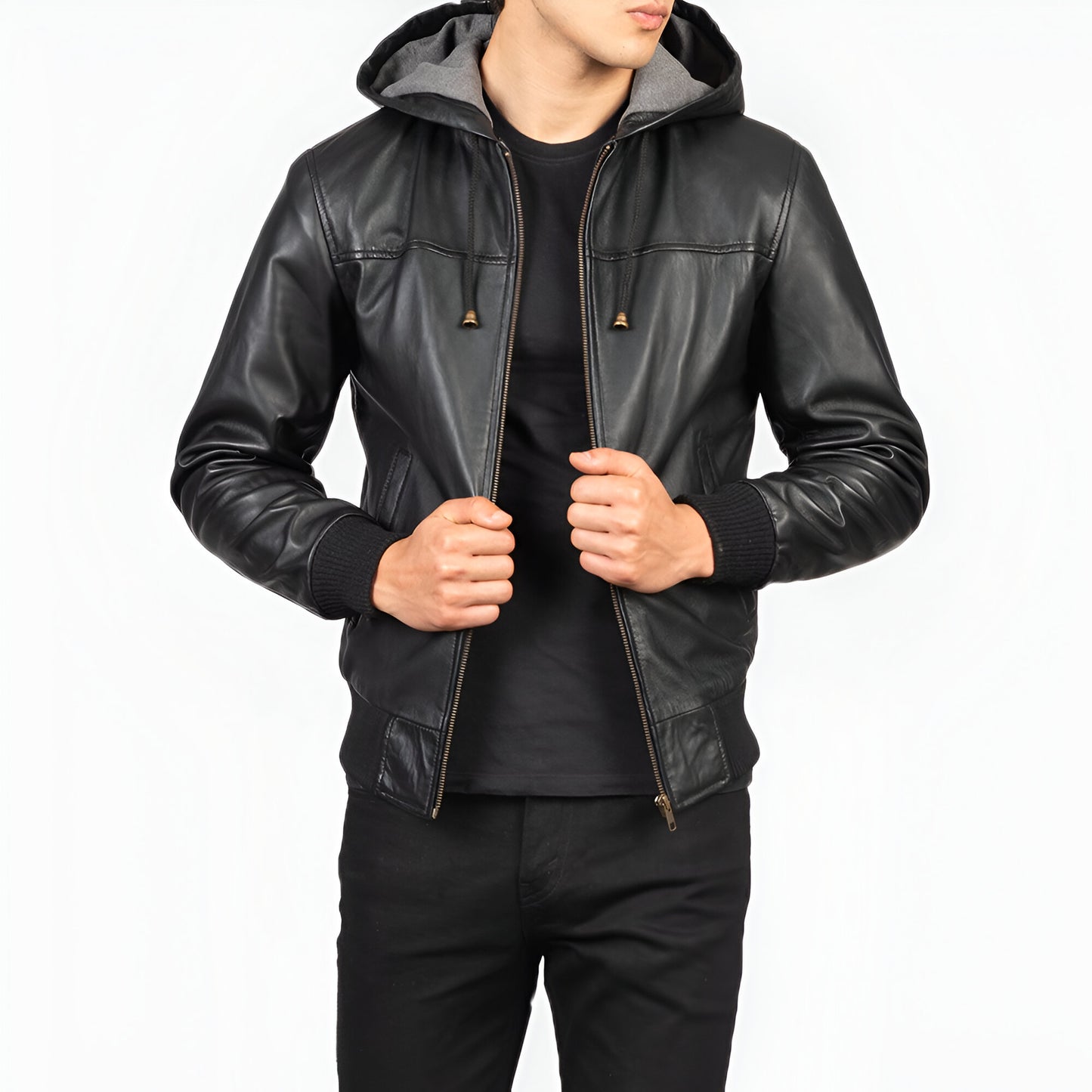 Dicks Leather Black Hooded Leather Bomber Jacket