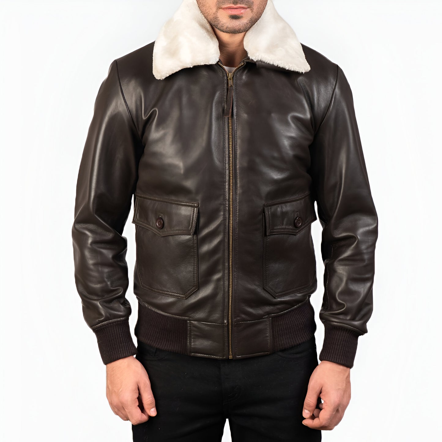 Dicks Brown Leather Bomber Jacket for Men