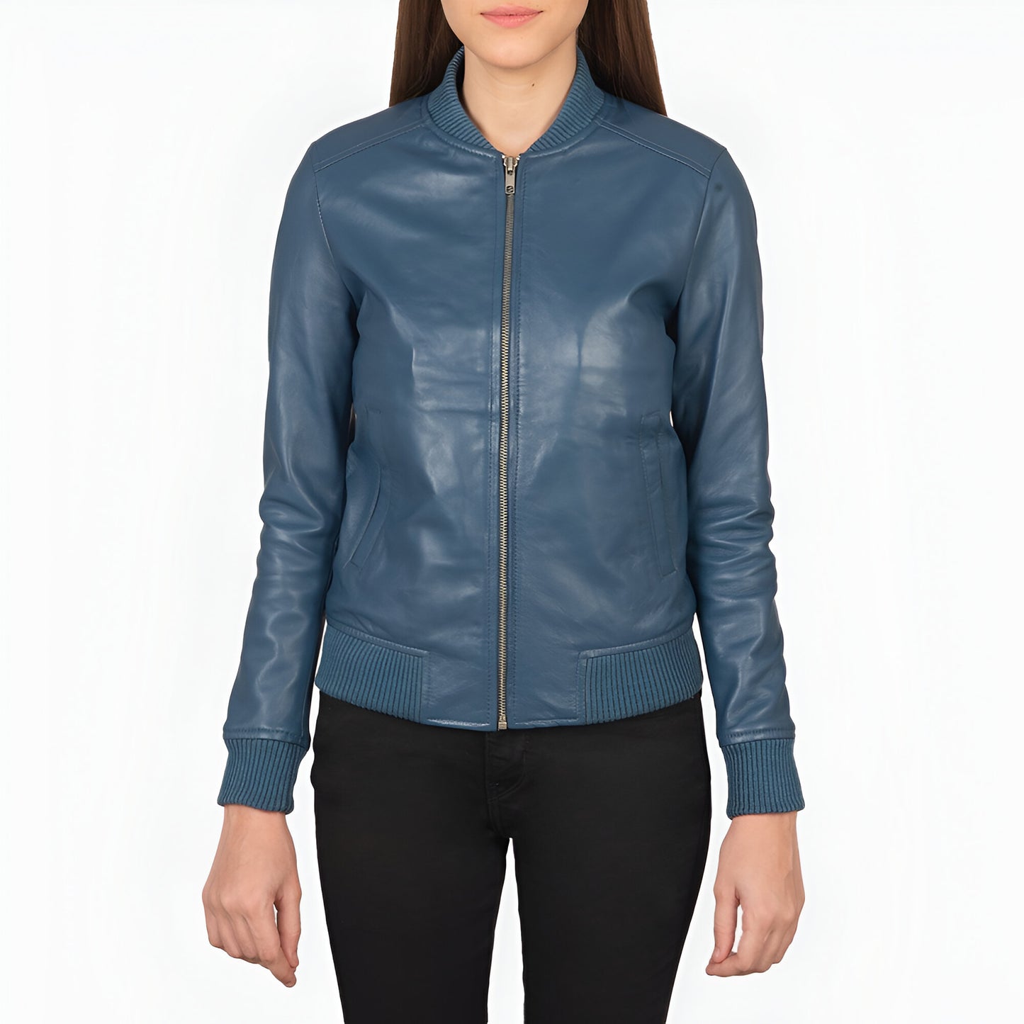 Scarlett Blue Leather Bomber Jacket women