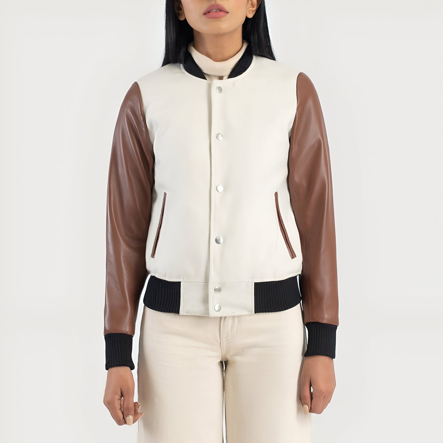 Julie Brown-White Fur Hybrid Varsity Jacket