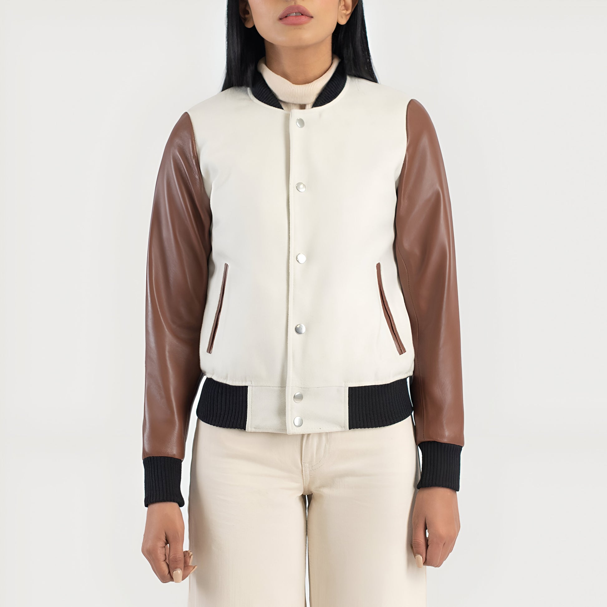 Julie Brown-White Fur Hybrid Varsity Jacket