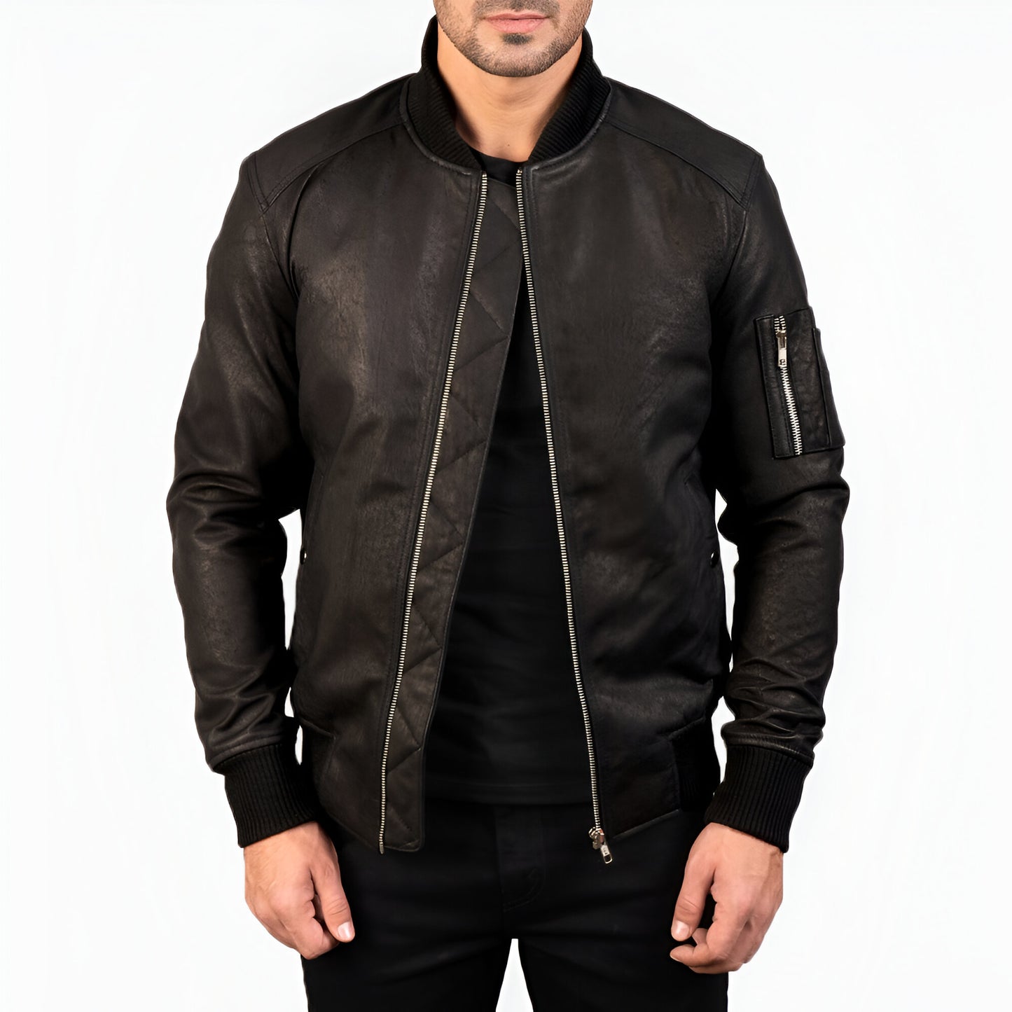 Dicks Leather Distressed Black Leather Bomber Jacket