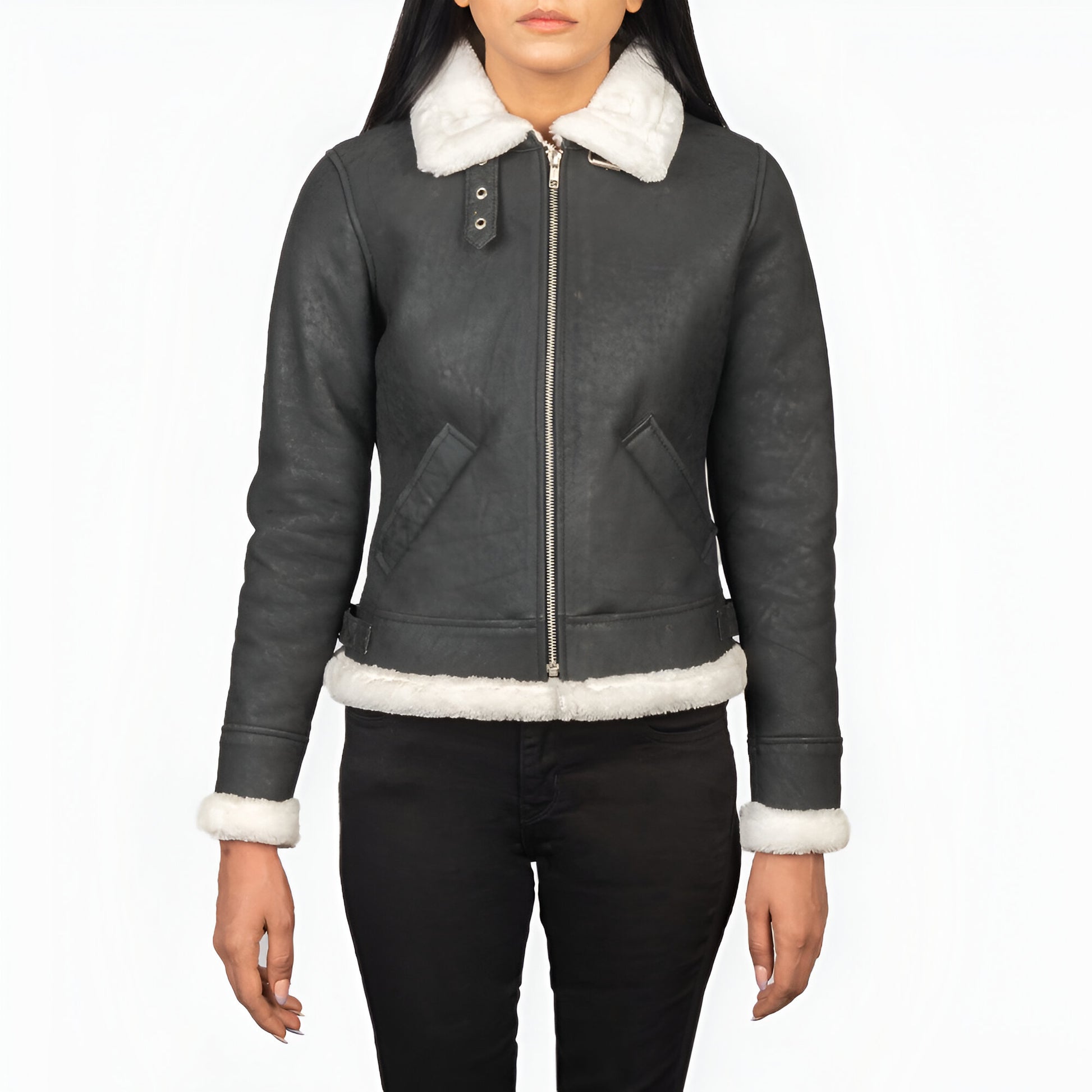 Jennifer B-3 Black & White Leather Bomber Jacket