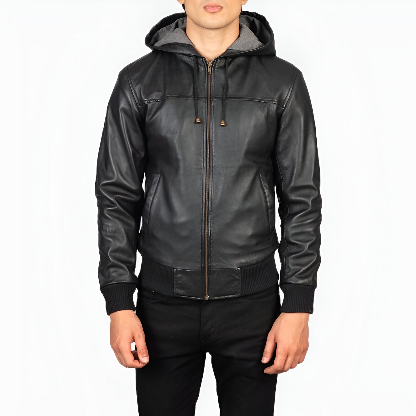 Dicks Leather Black Hooded Leather Bomber Jacket