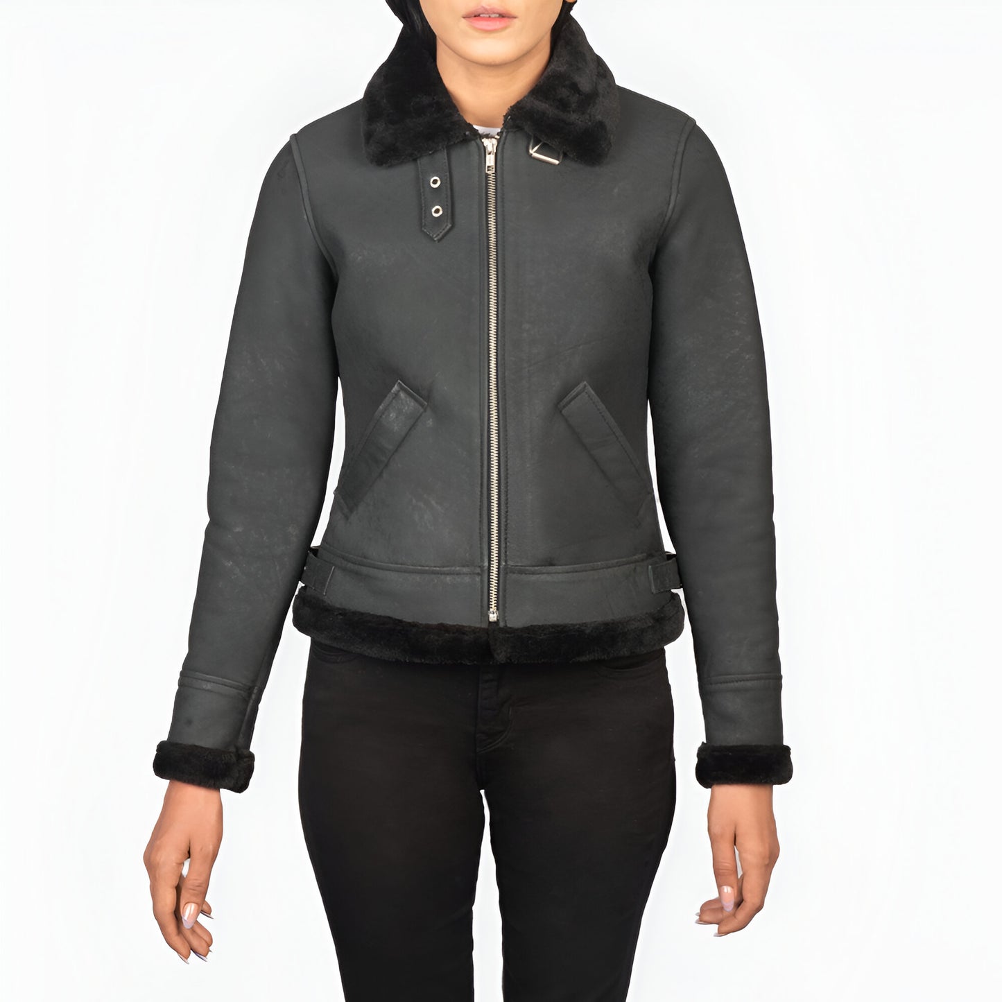 Jennifer B-3 Distressed Black Leather Bomber Jacket