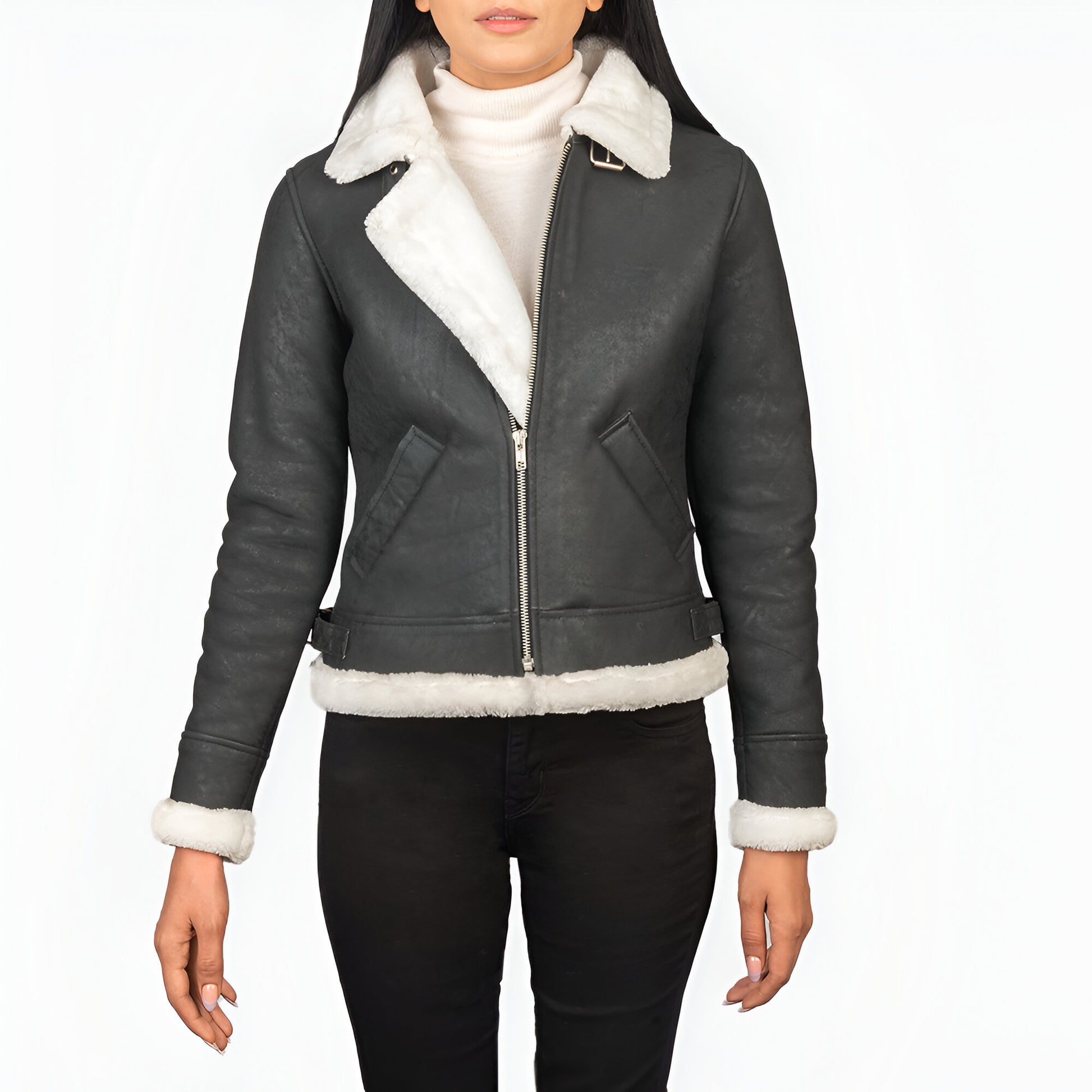 Jennifer B-3 Black & White Leather Bomber Jacket