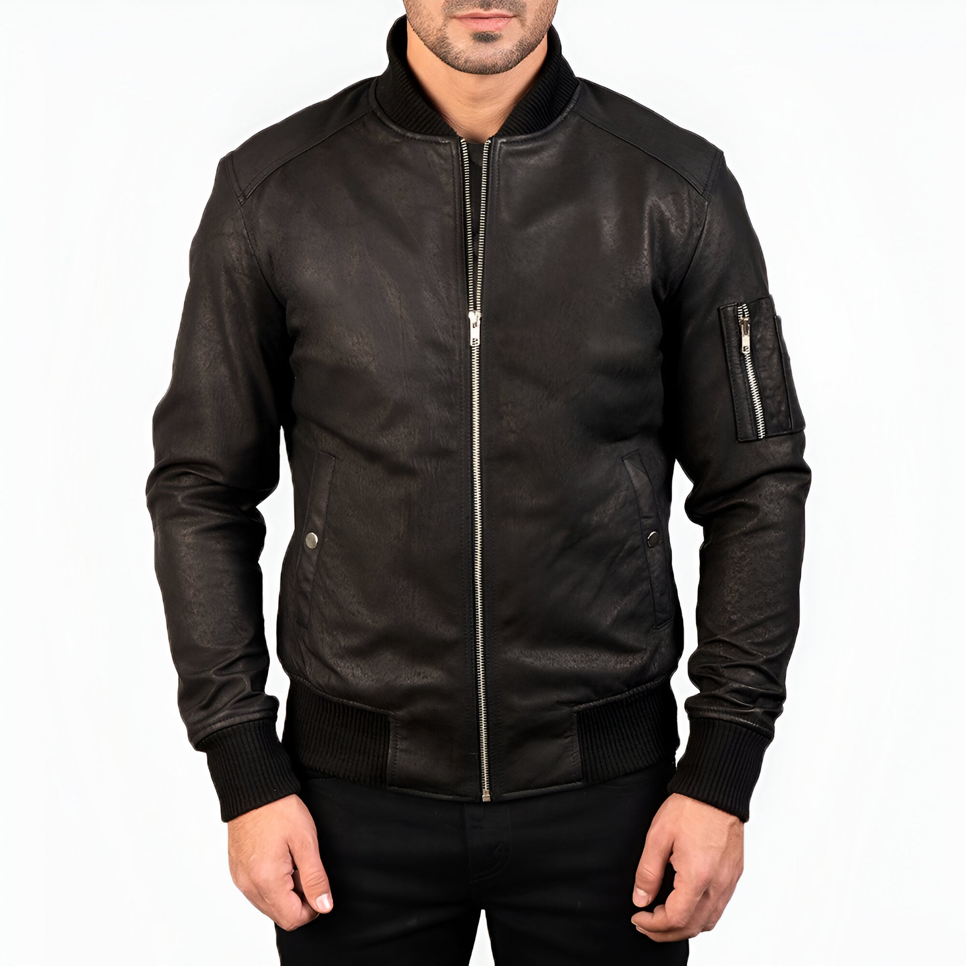 Dicks Leather Distressed Black Leather Bomber Jacket