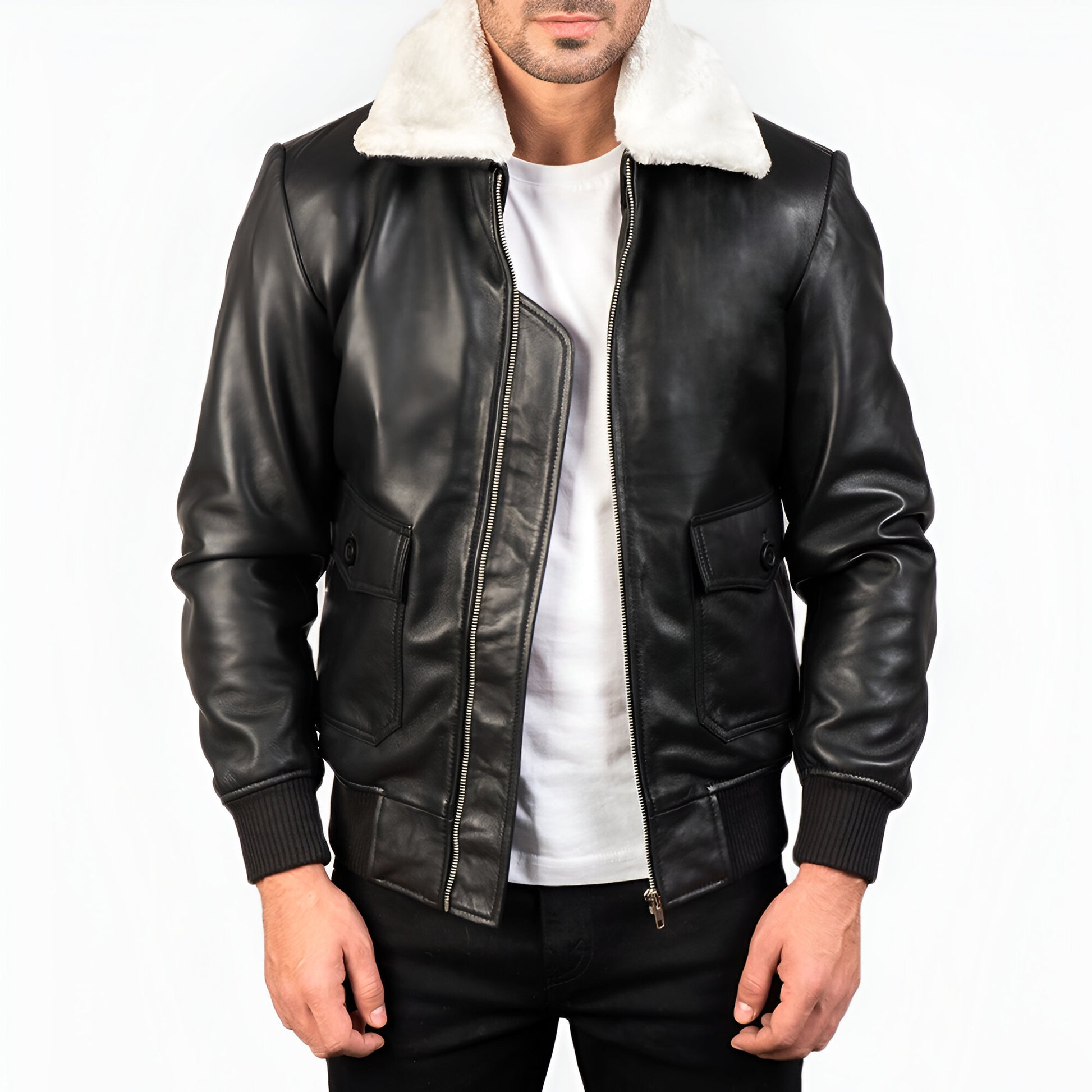 Dicks Black & White Leather Bomber Jacket