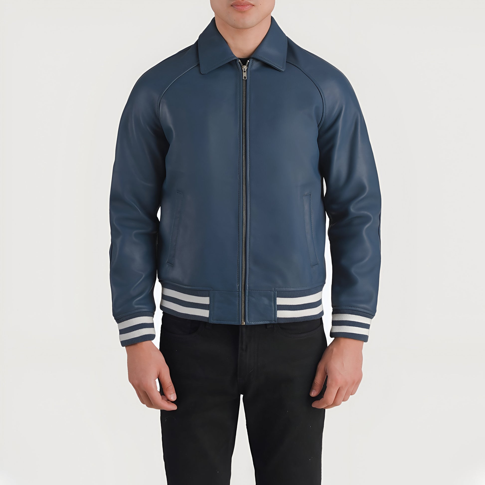 Meryl Blue Leather Varsity Jacket