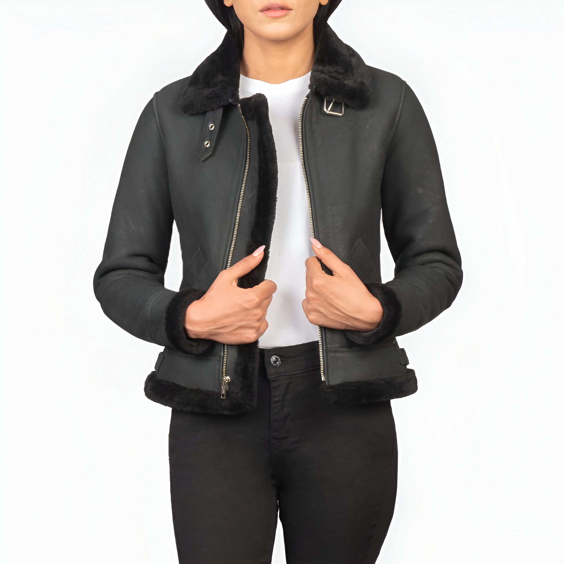 Jennifer B-3 Distressed Black Leather Bomber Jacket