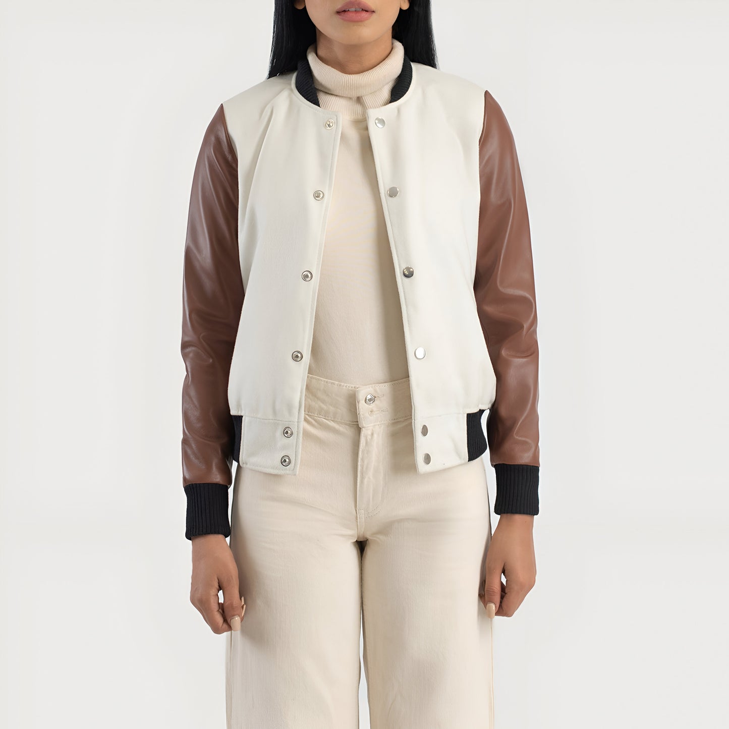 Julie Brown-White Fur Hybrid Varsity Jacket