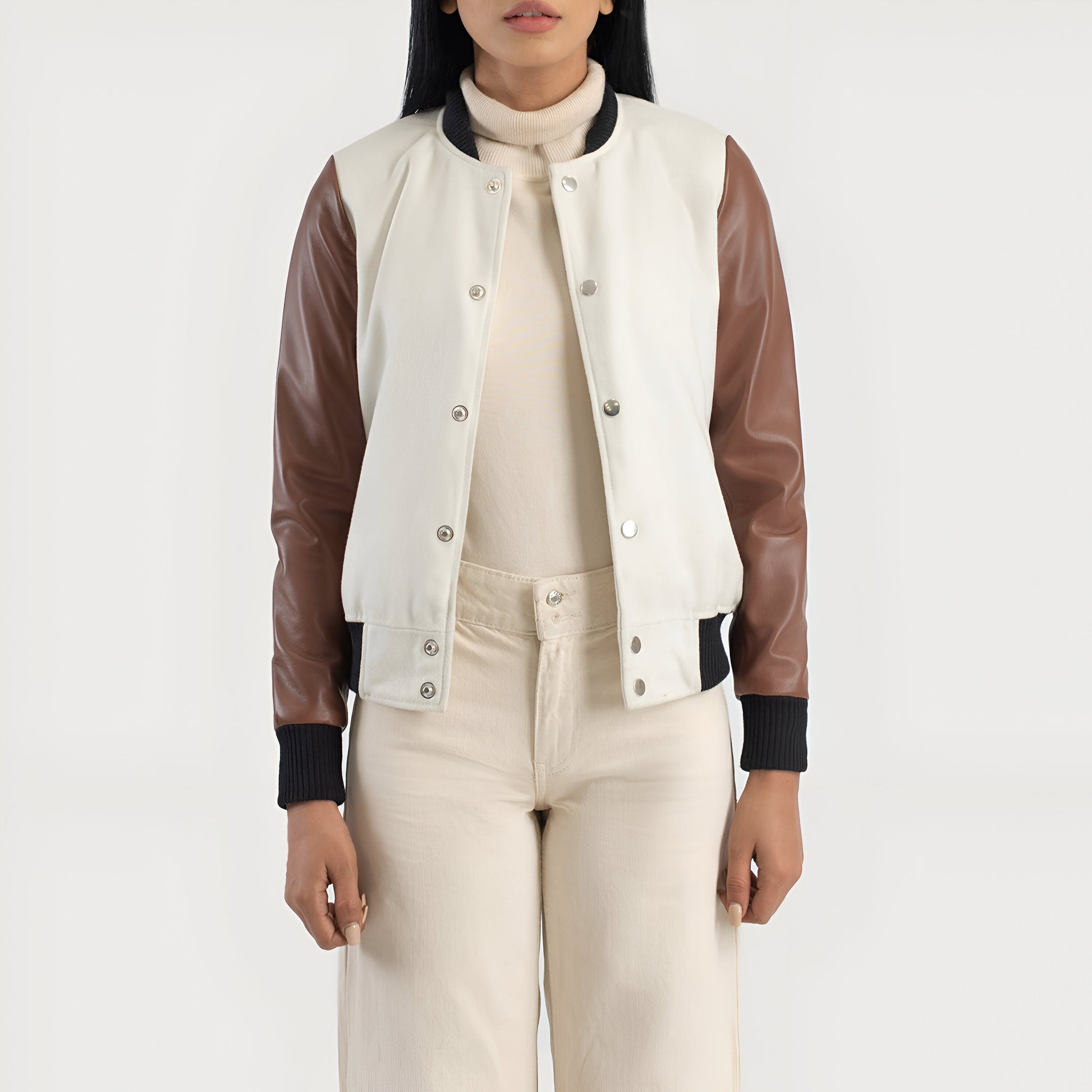 Julie Brown-White Fur Hybrid Varsity Jacket