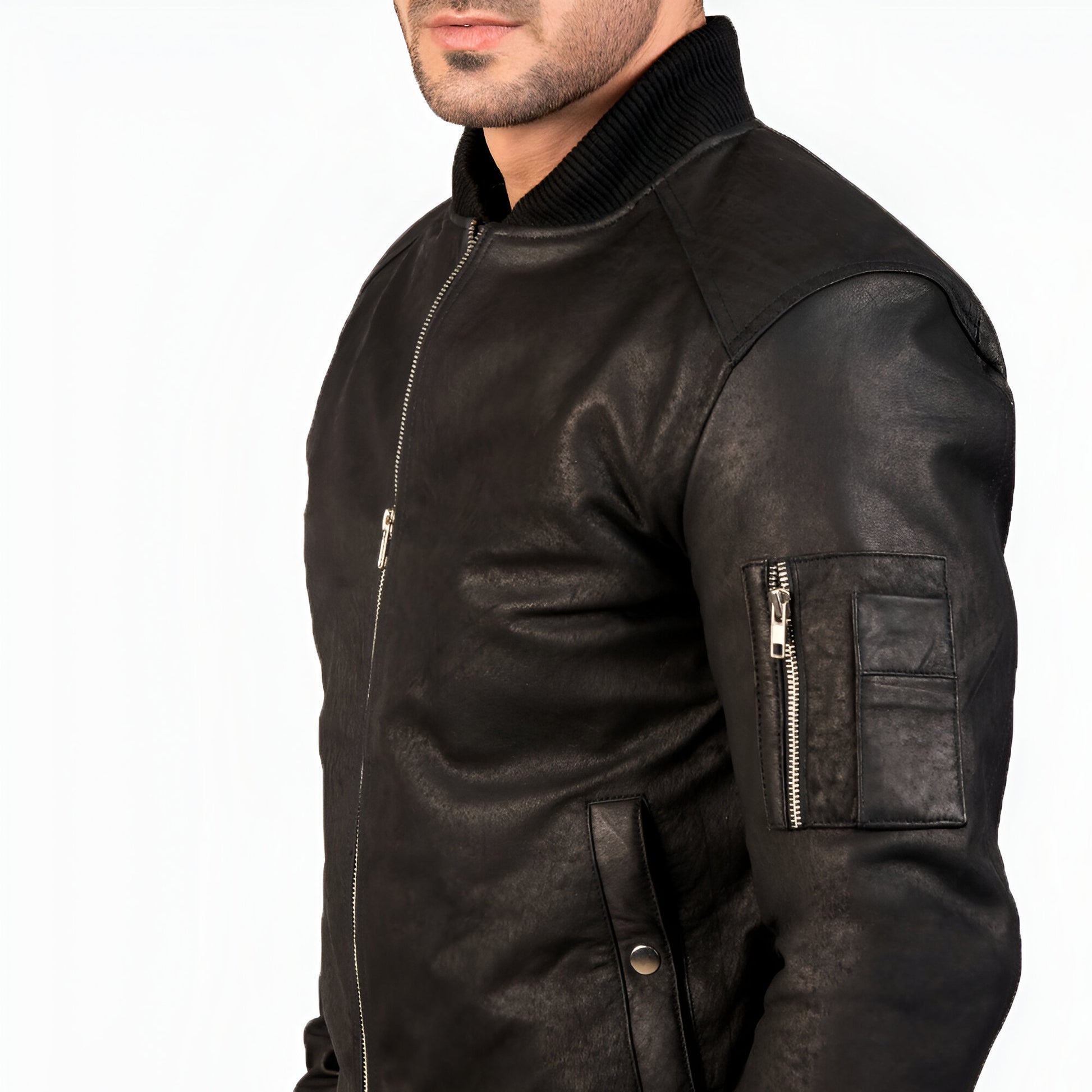 Dicks Leather Distressed Black Leather Bomber Jacket