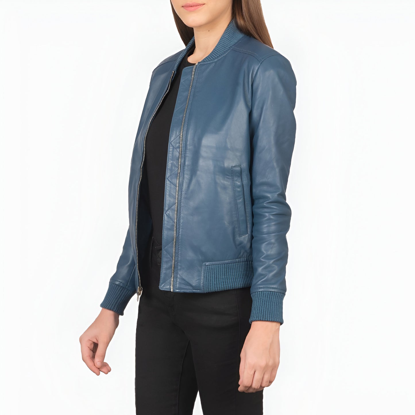 Scarlett Blue Leather Bomber Jacket women