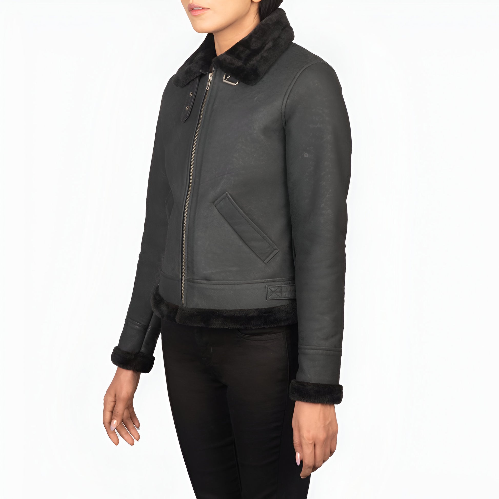 Jennifer B-3 Distressed Black Leather Bomber Jacket