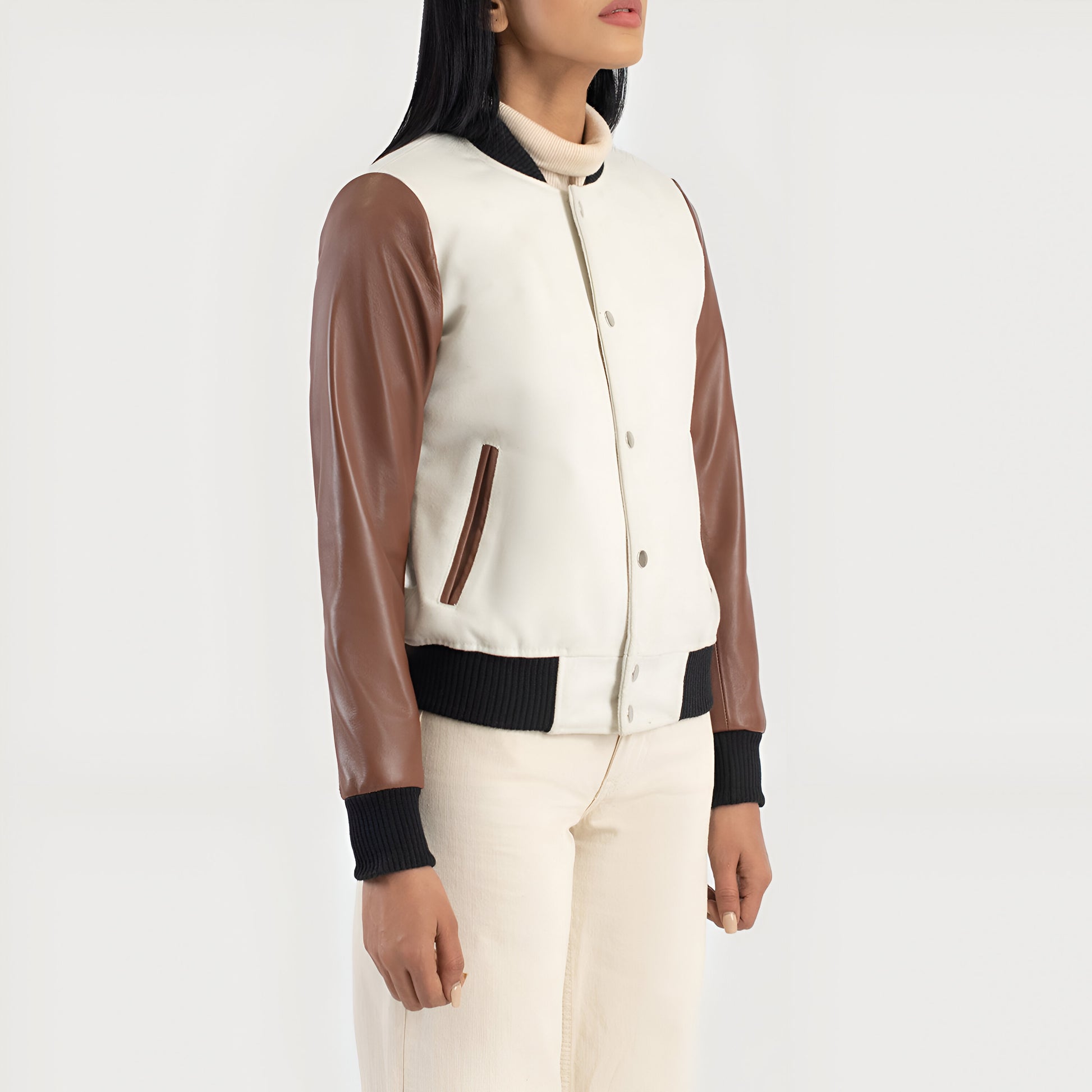 Julie Brown-White Fur Hybrid Varsity Jacket