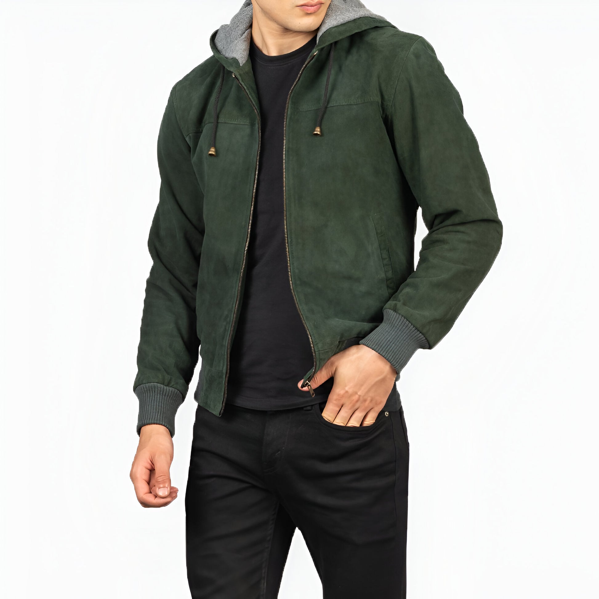 Dicks Leather Green Hooded Suede Bomber Jacket
